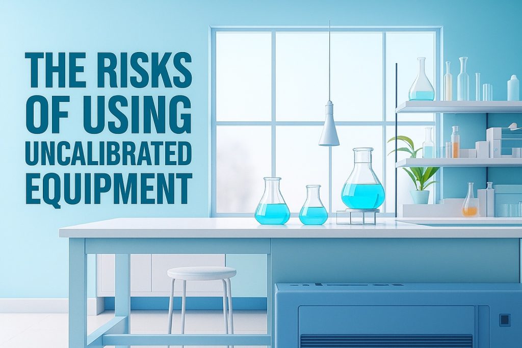 Modern laboratory with glass beakers and test tubes filled with blue liquid, highlighting the risks of using uncalibrated equipment.