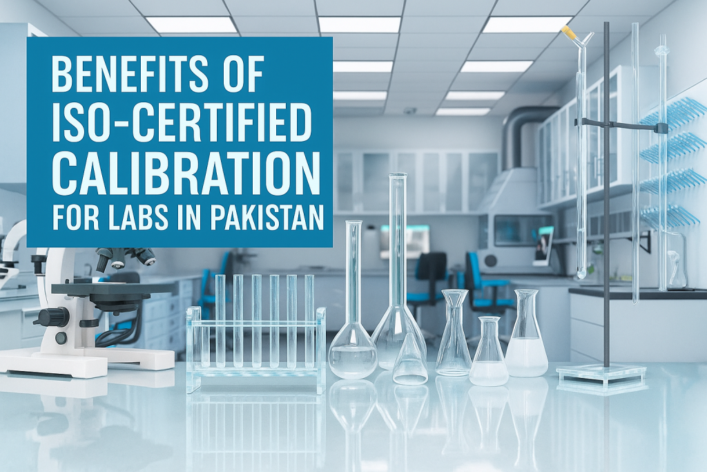 Modern laboratory with microscope, glassware, and scientific instruments showcasing the benefits of ISO-certified calibration for labs in Pakistan