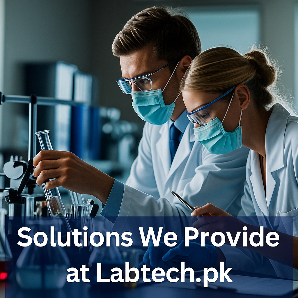 Two scientists wearing lab coats, safety glasses, and face masks are working together in a modern laboratory. One scientist is holding a test tube while the other uses a pipette. Laboratory glassware with colorful liquids is visible on the table, and text at the bottom reads: “Solutions We Provide at Labtech.pk.”