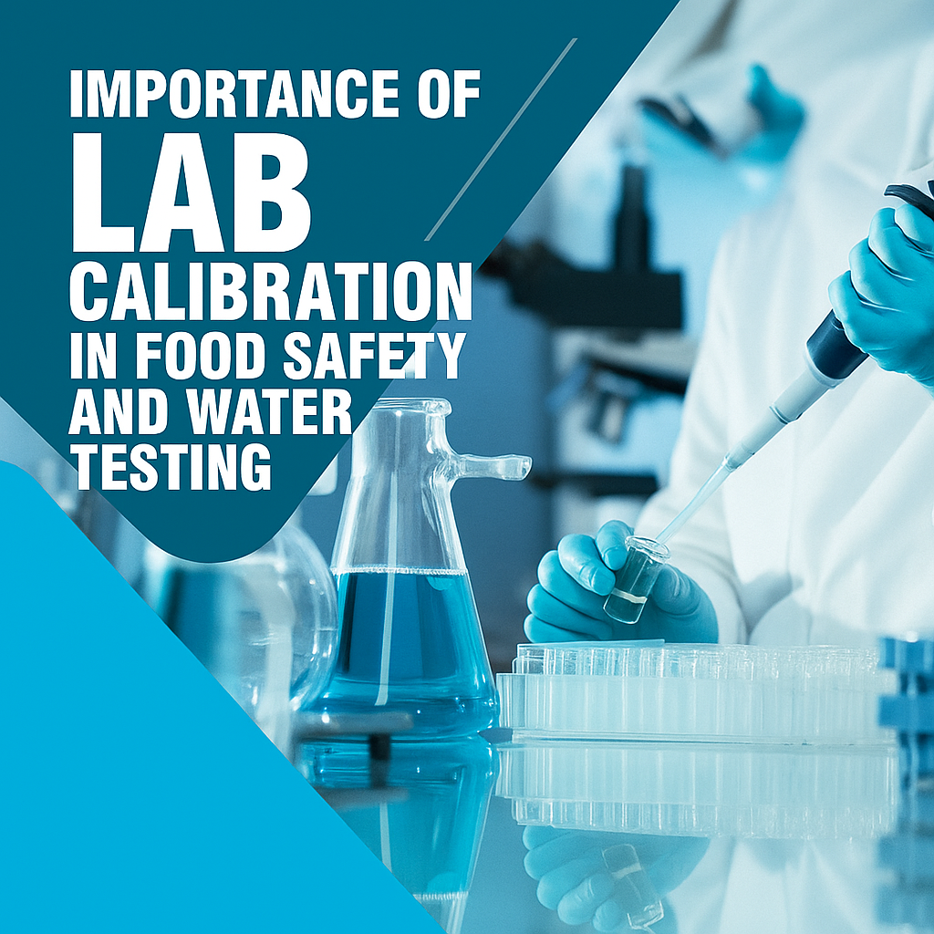 A laboratory professional in a white coat and gloves uses a pipette to transfer liquid into test tubes, with flasks containing blue solutions on the table. Bold text on the left reads: “Importance of Lab Calibration in Food Safety and Water Testing.”
