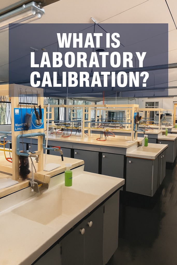 A spacious science laboratory with rows of clean white sinks, wooden drying racks, and workstations neatly arranged. Bold text on a dark overlay at the top reads: “What is Laboratory Calibration?”