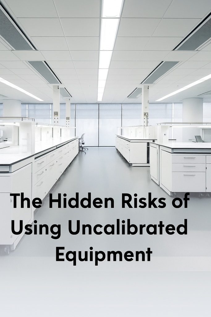 A clean, modern laboratory with white workbenches, drawers, and bright overhead lighting, featuring bold black text across the bottom that reads “The Hidden Risks of Using Uncalibrated Equipment.”