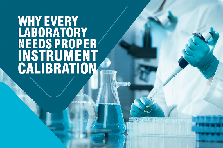 “A laboratory scene showing a scientist in protective gear using a pipette with test tubes and glass flasks, overlaid with bold white text that reads ‘Why Every Laboratory Needs Proper Instrument Calibration’ on a teal-blue geometric background.”